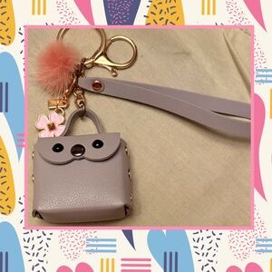 🌸🆕🌸Gray Mini Bag Keychain with Pink Pom Pom and Pink Flower Bag Charm